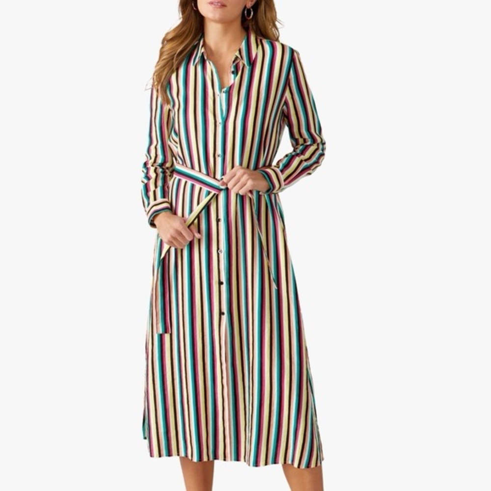 Pure Collection Multicolored Striped Linen Belted Shirt Dress Long Sleeve sz 12